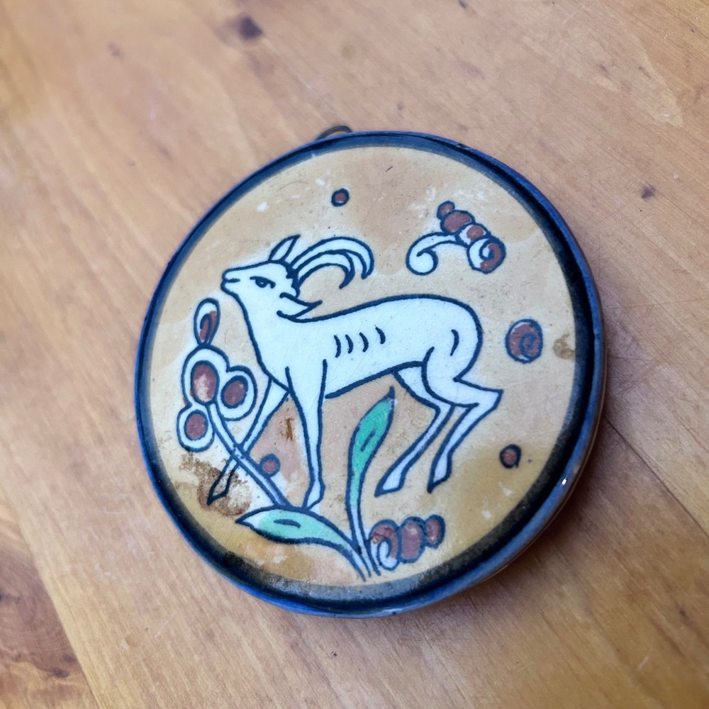 Vintage Jerusalem Armenian Pottery Wall Plaque Small Blue Gazelle Ibex Folk Art